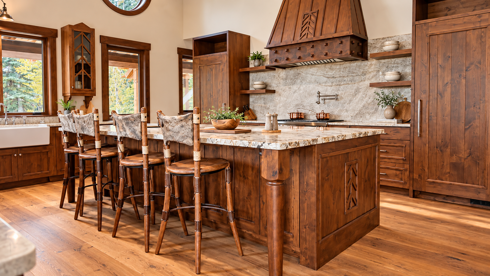 Rustic kitchen with wood island, bar stools, stone backsplash, and warm hardwood floors