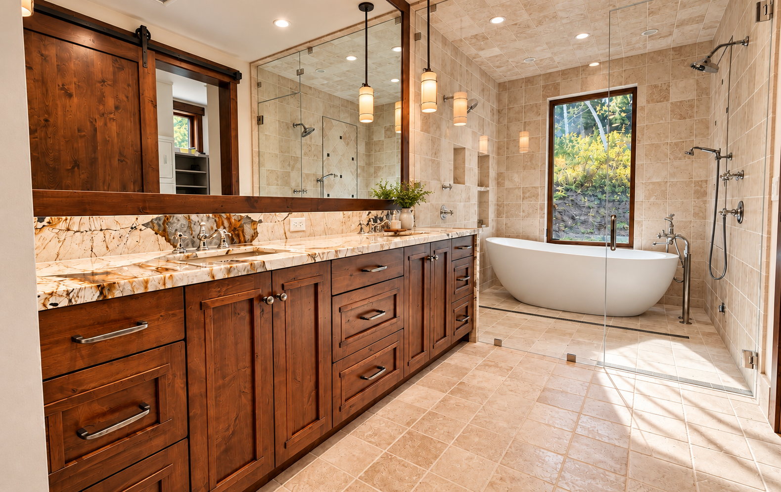 Spa-like bathroom with wood vanity, stone countertop, freestanding tub, and large window light