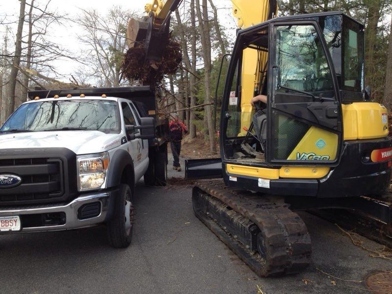 A ford truck is parked next to a yellow excavator