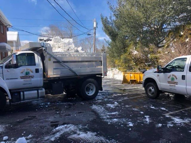 Two dump trucks are parked next to each other in a snowy parking lot.