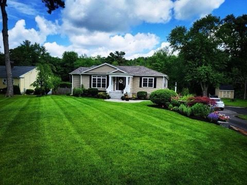A house with a lush green lawn in front of it