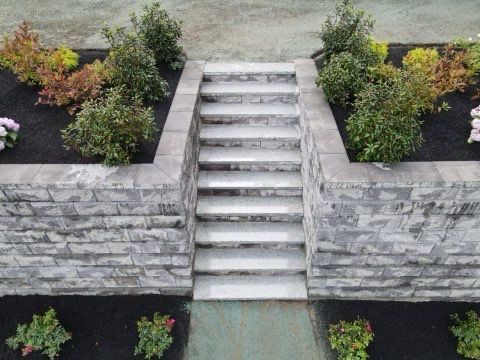A set of stairs leading up to a stone wall surrounded by plants.