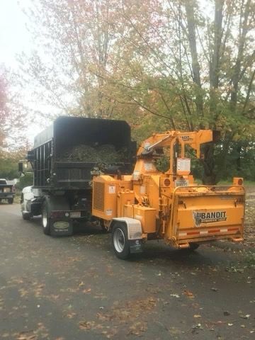 A tree chipper is parked next to a dump truck.