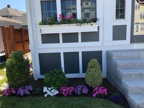 A white house with flowers in front of it