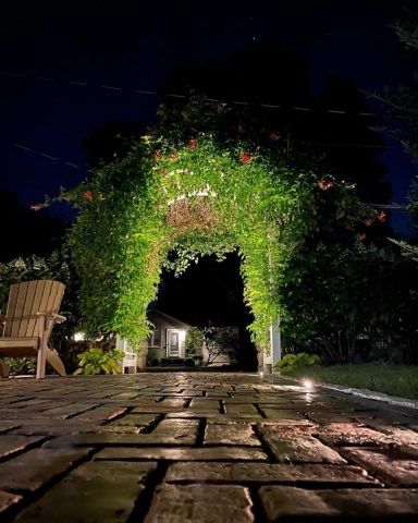 A brick walkway leading to a house is lit up at night.