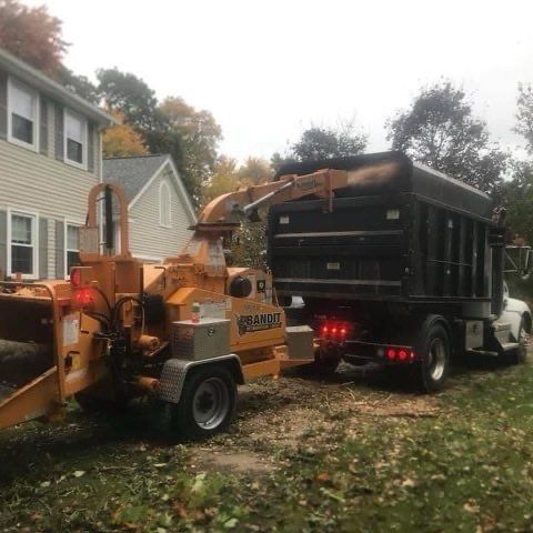 A tree chipper is attached to a dump truck in a yard.