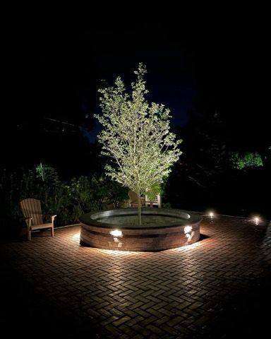 A tree is sitting in the middle of a fountain on a brick patio at night.