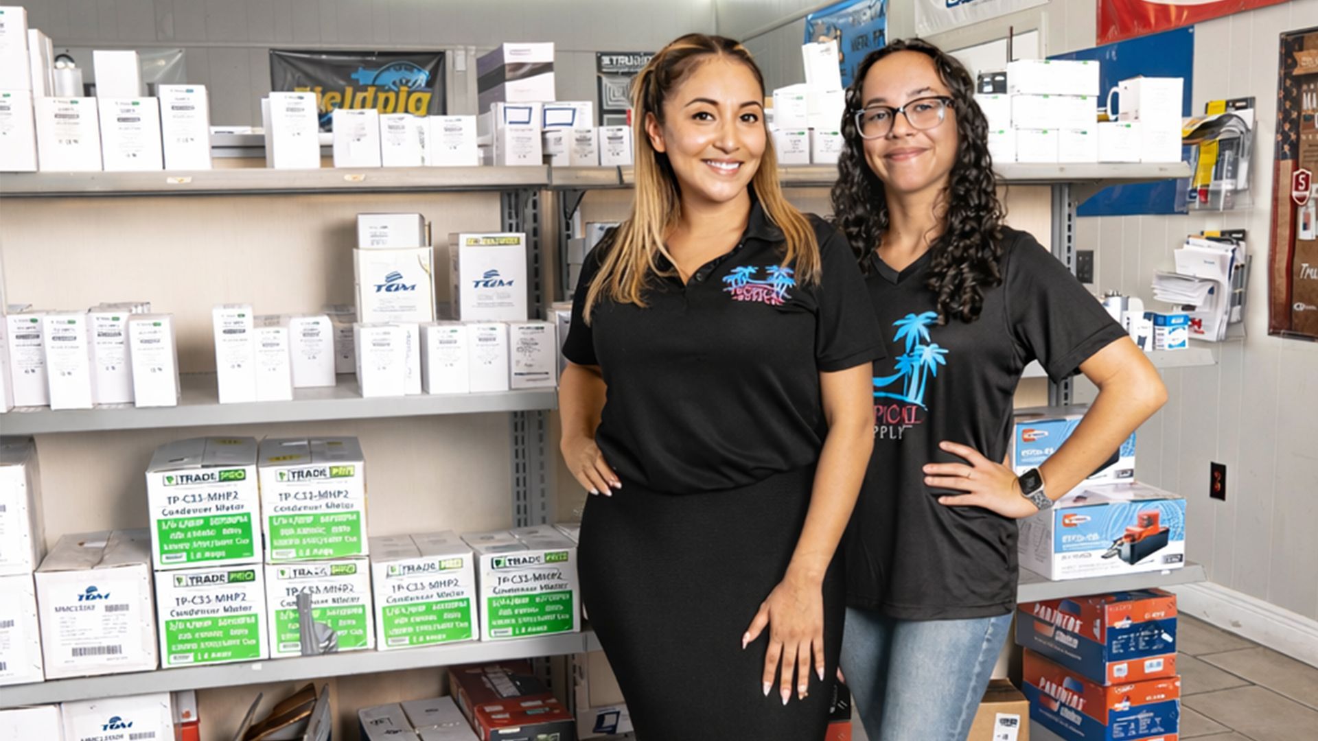 Three air conditioning units outside a white house with shutters, set in a small garden bed.