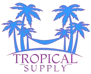 Blue palm trees framing a hammock, "TROPICAL SUPPLY" in purple text below.