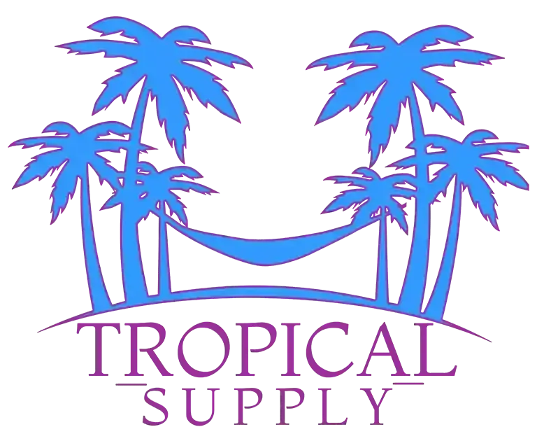 Blue palm trees framing a hammock, "TROPICAL SUPPLY" in purple text below.