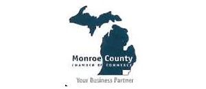 The logo for monroe county chamber of commerce is a map of michigan.