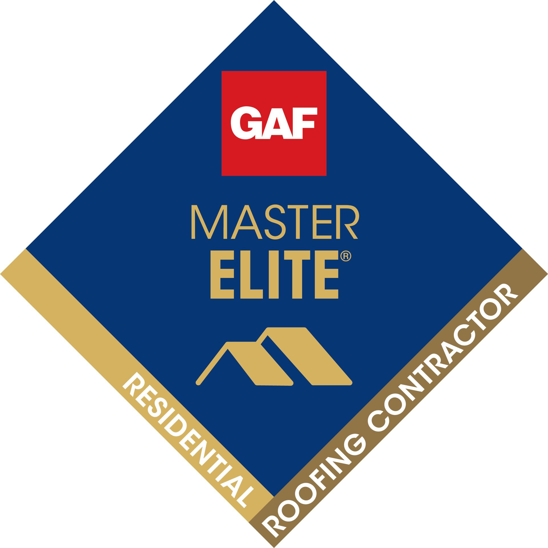 GAF Master Elite Residential Roofing Contractor badge: blue diamond, gold details, red GAF logo.