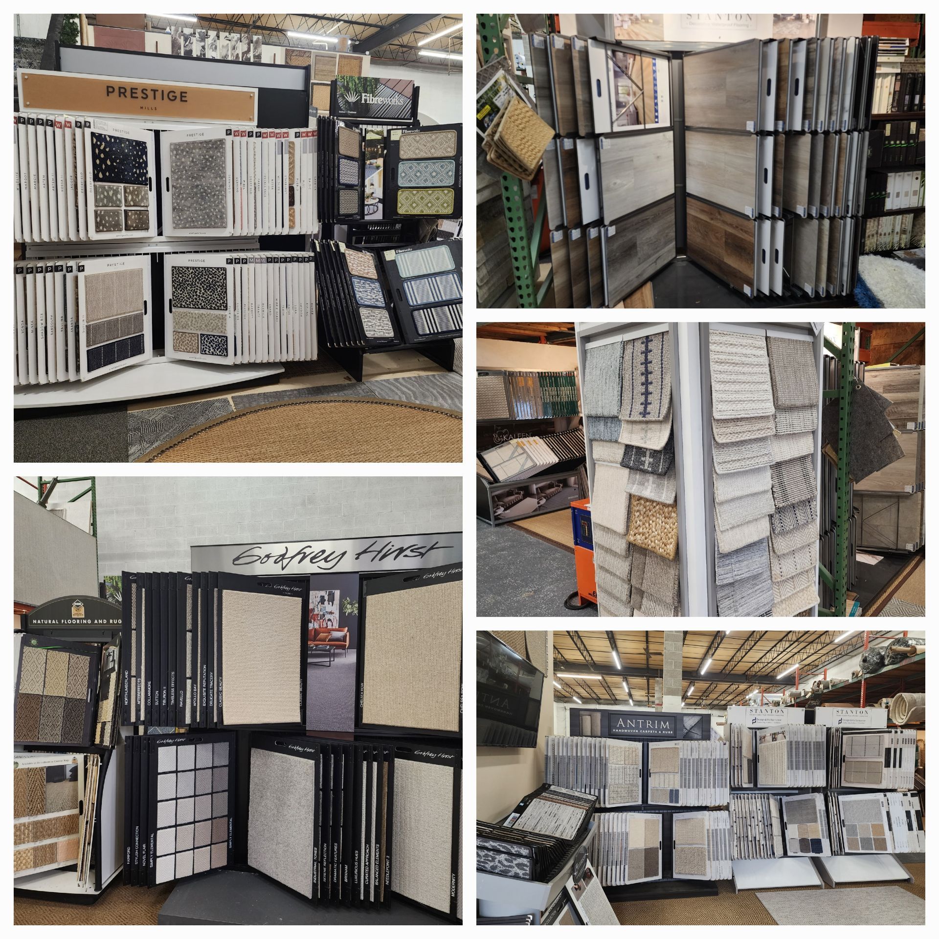 Displays of various tiles in a store setting, showing different colors, textures, and patterns for sale.