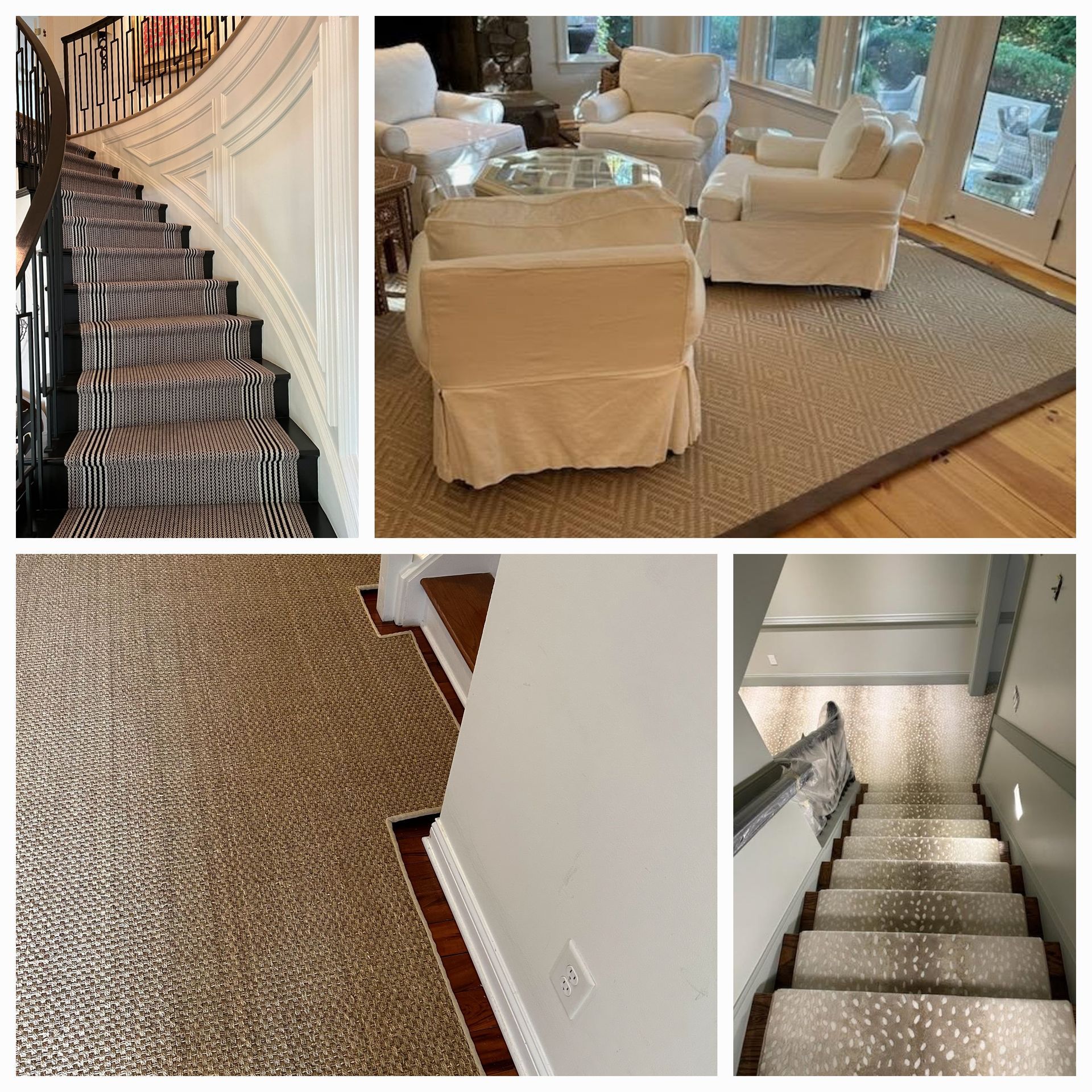Five photos show different carpet installations in a home, with various textures, colors, and stairwell settings.