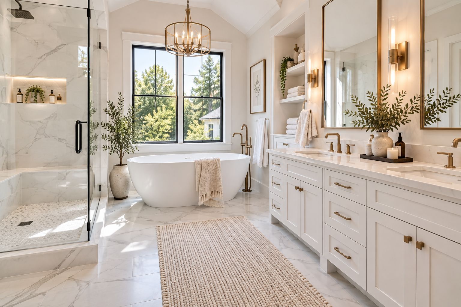 Bright white modern bathroom with a freestanding tub, double vanity, marble shower, and large window