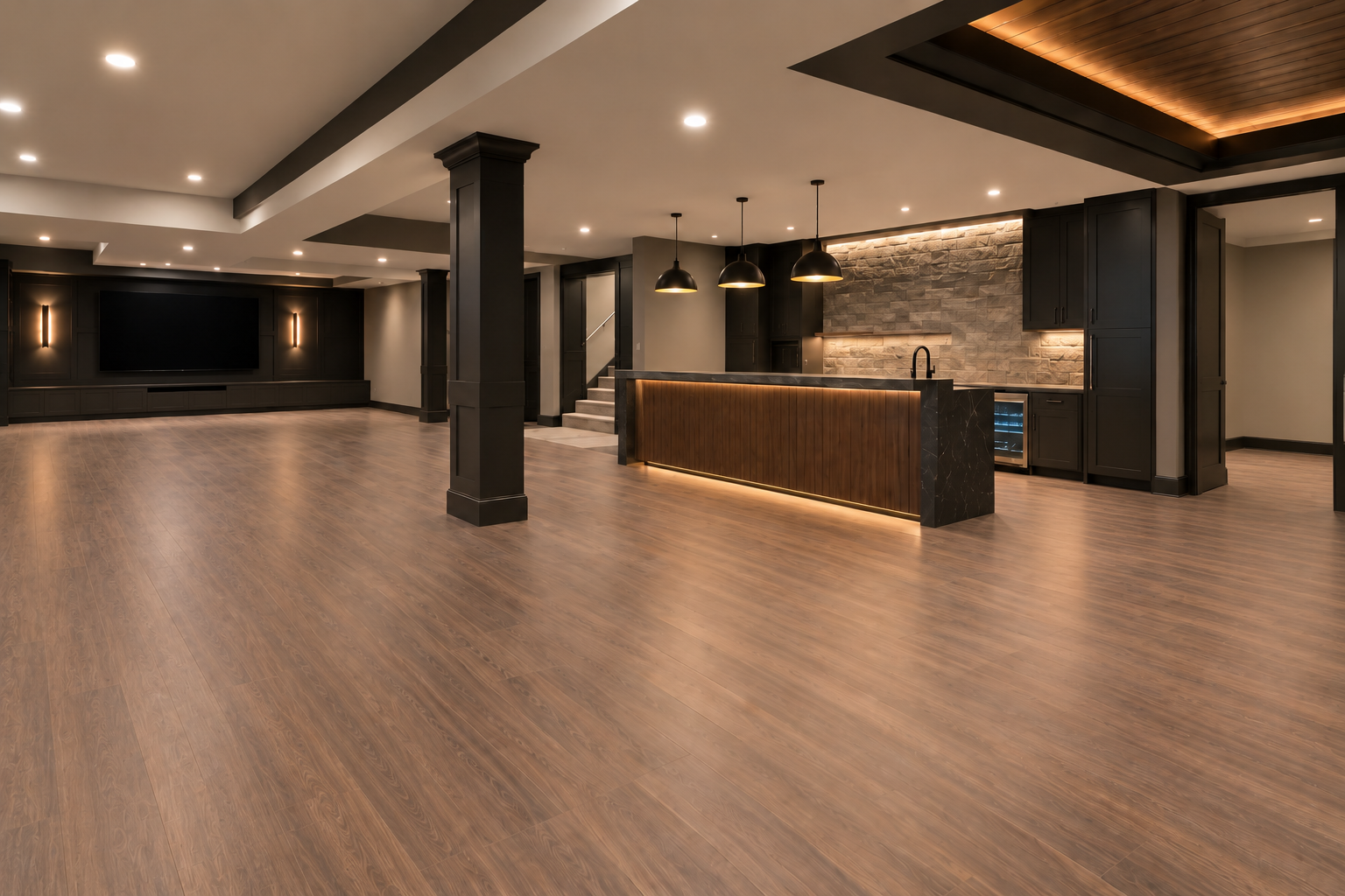 Empty modern lounge with wood flooring, black columns, and a lit bar counter under recessed lights