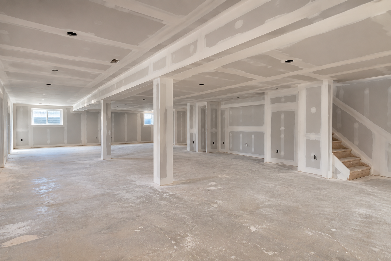 Unfinished open-plan room with drywall, exposed ceiling, concrete floor, and a staircase on the right