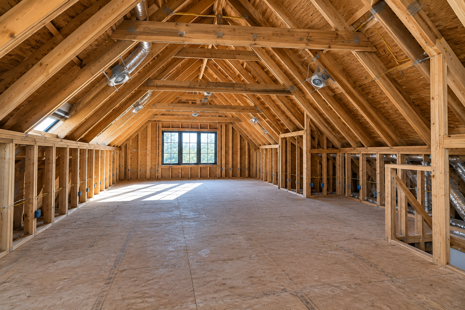 Empty unfinished attic with exposed wooden framing and a window at the far end