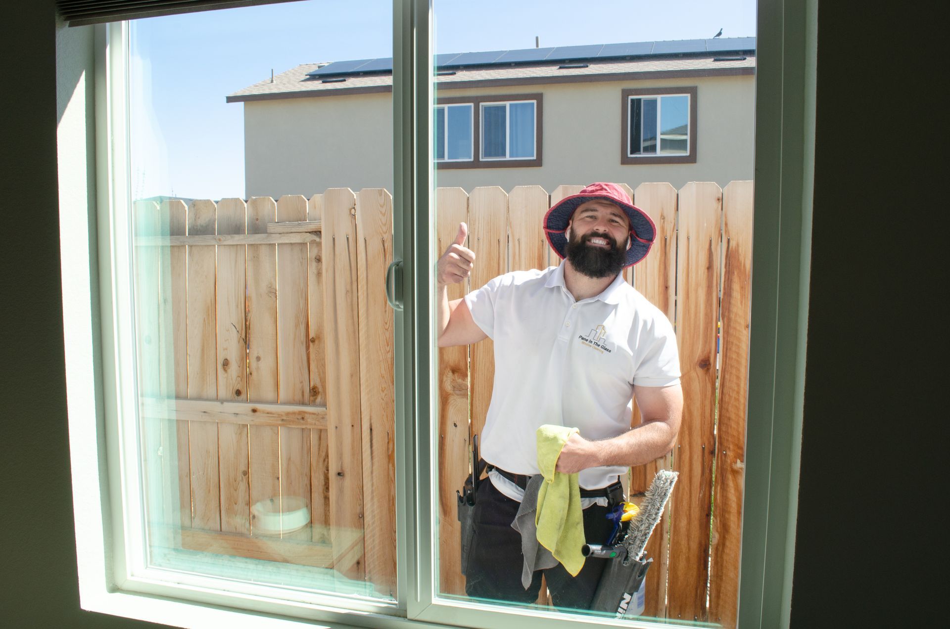 A man is cleaning a window and giving a thumbs up.