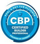 CBP logo: blue and white badge for Certified Builder Professional by Pool & Hot Tub Alliance, powered by Genesis.