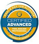 Certification badge: Blue, yellow, and white, 