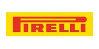 Pirelli logo with red text and horizontal lines on a yellow background.