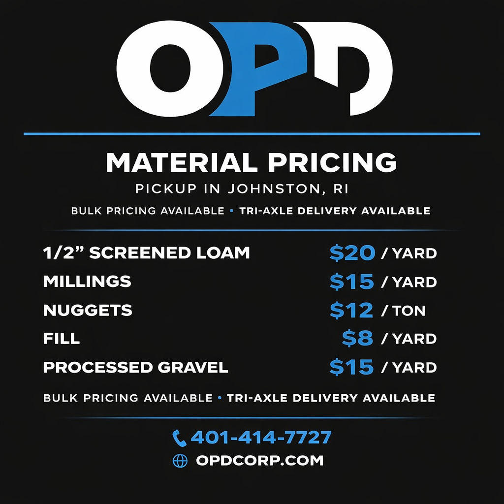 OPD material pricing list for Johnston, RI, featuring various construction materials and a contact phone number and website.