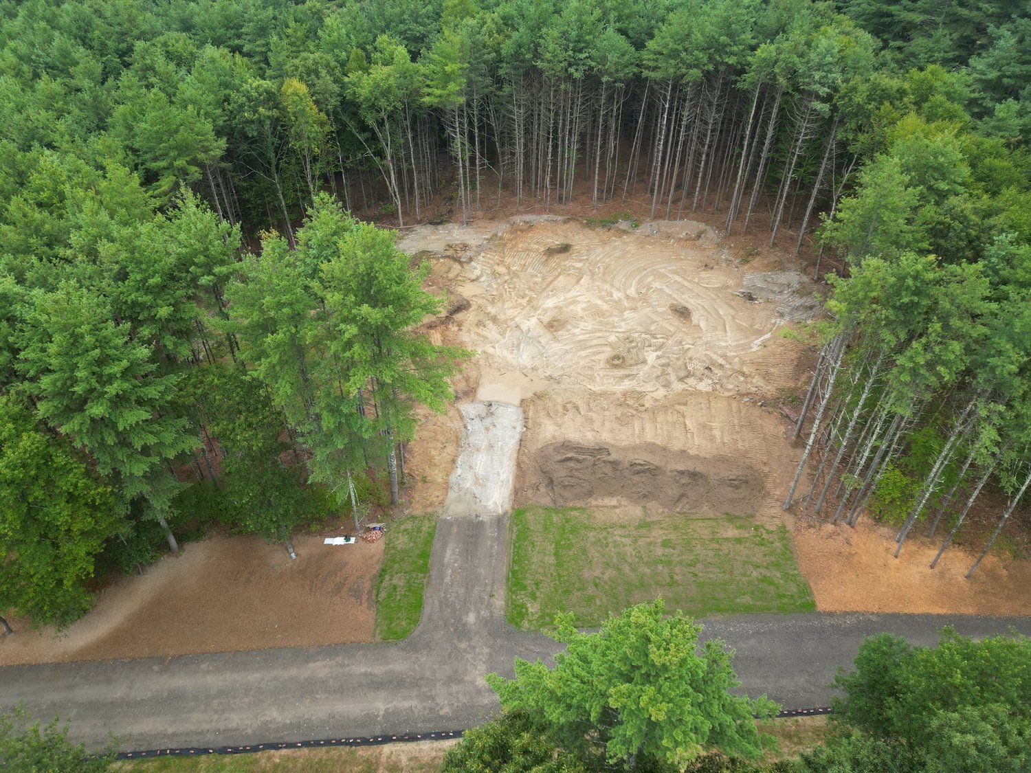 Deforested area in a forest, with a road leading to a cleared plot of land. Trees surround the cleared space.