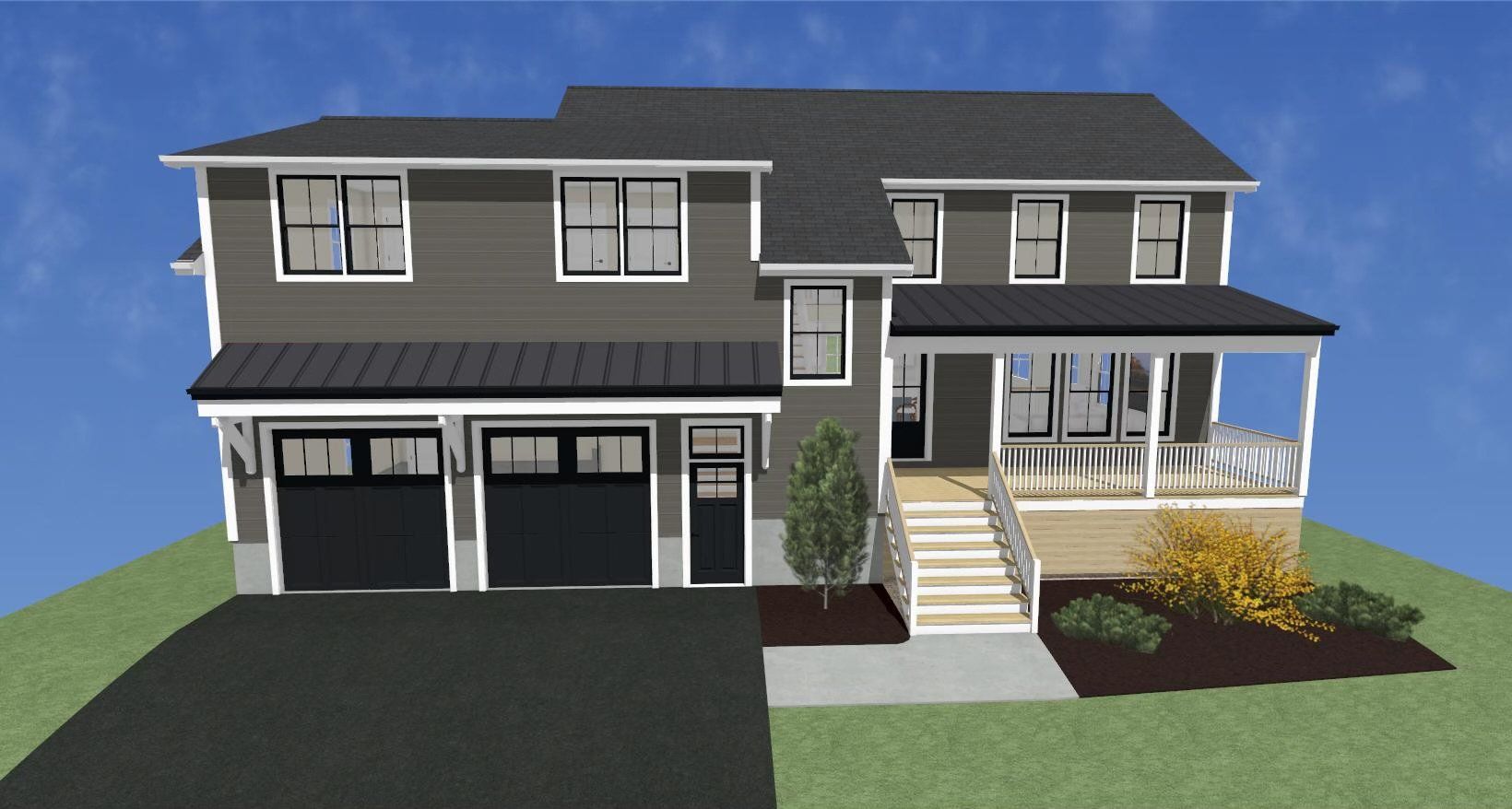 3D rendering of a gray two-story house with a black roof, garage, and front porch, with a blue sky background.