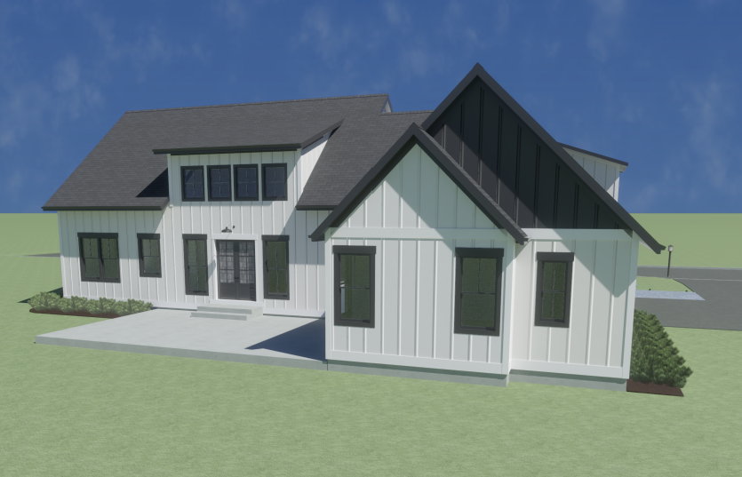 Modern white house with dark gray roof, black trim, and green windows.