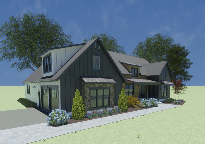 Modern farmhouse style house with gray and tan siding, stone accents, and manicured landscaping.