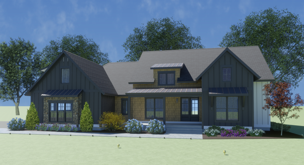 Modern farmhouse-style home with dark siding, stone accents, and light-colored wood. Landscaping with bushes and trees.