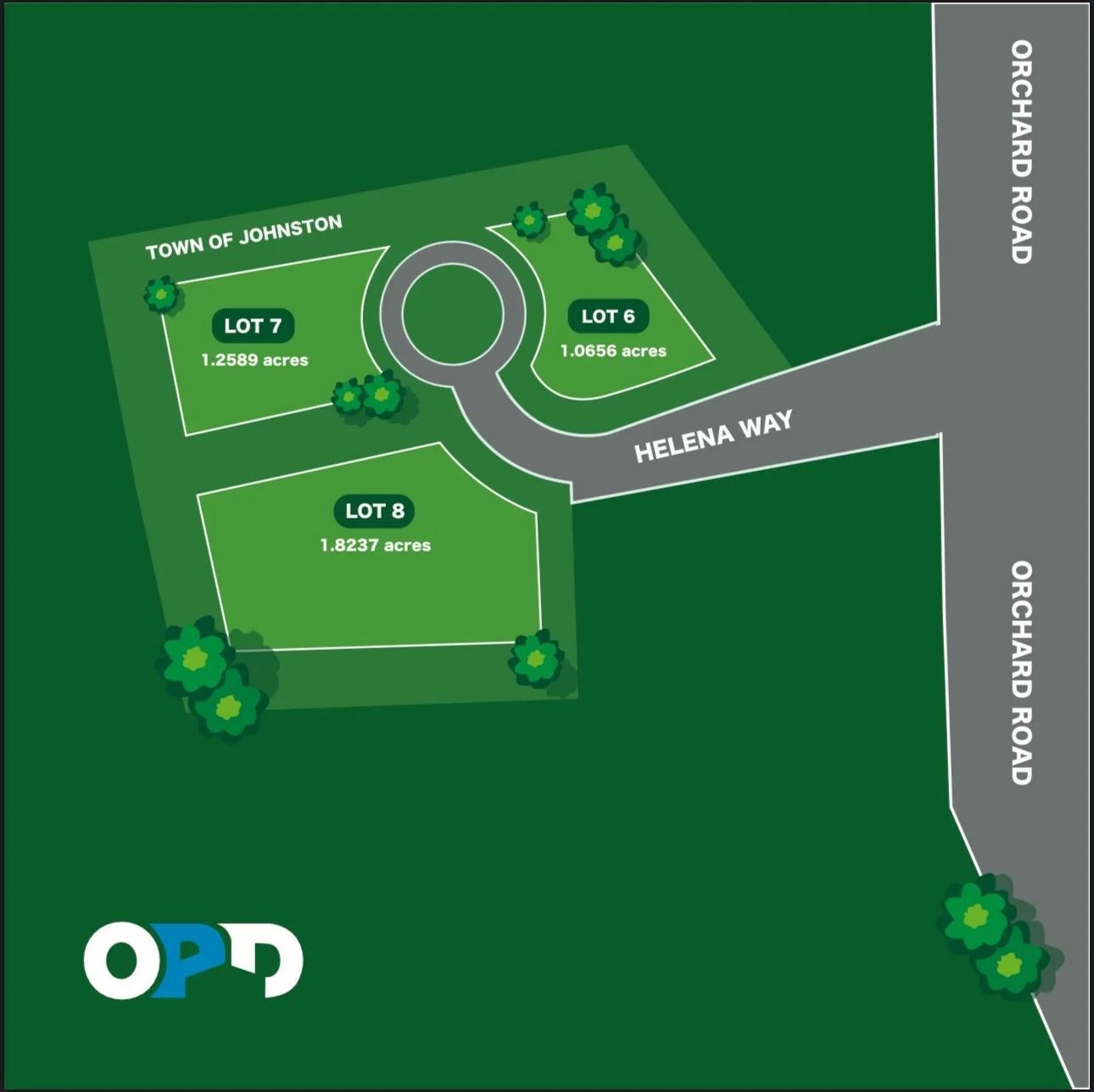 Map of residential lots in Johnston, with Helena Way and Orchard Road.