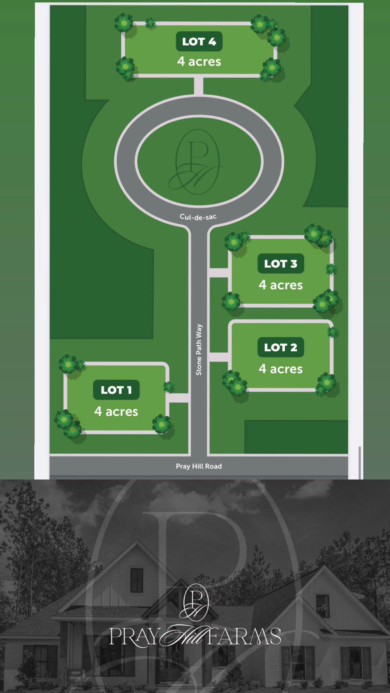 Map of four lots, road, and roundabout with trees, green and white. Lots have sizes noted.