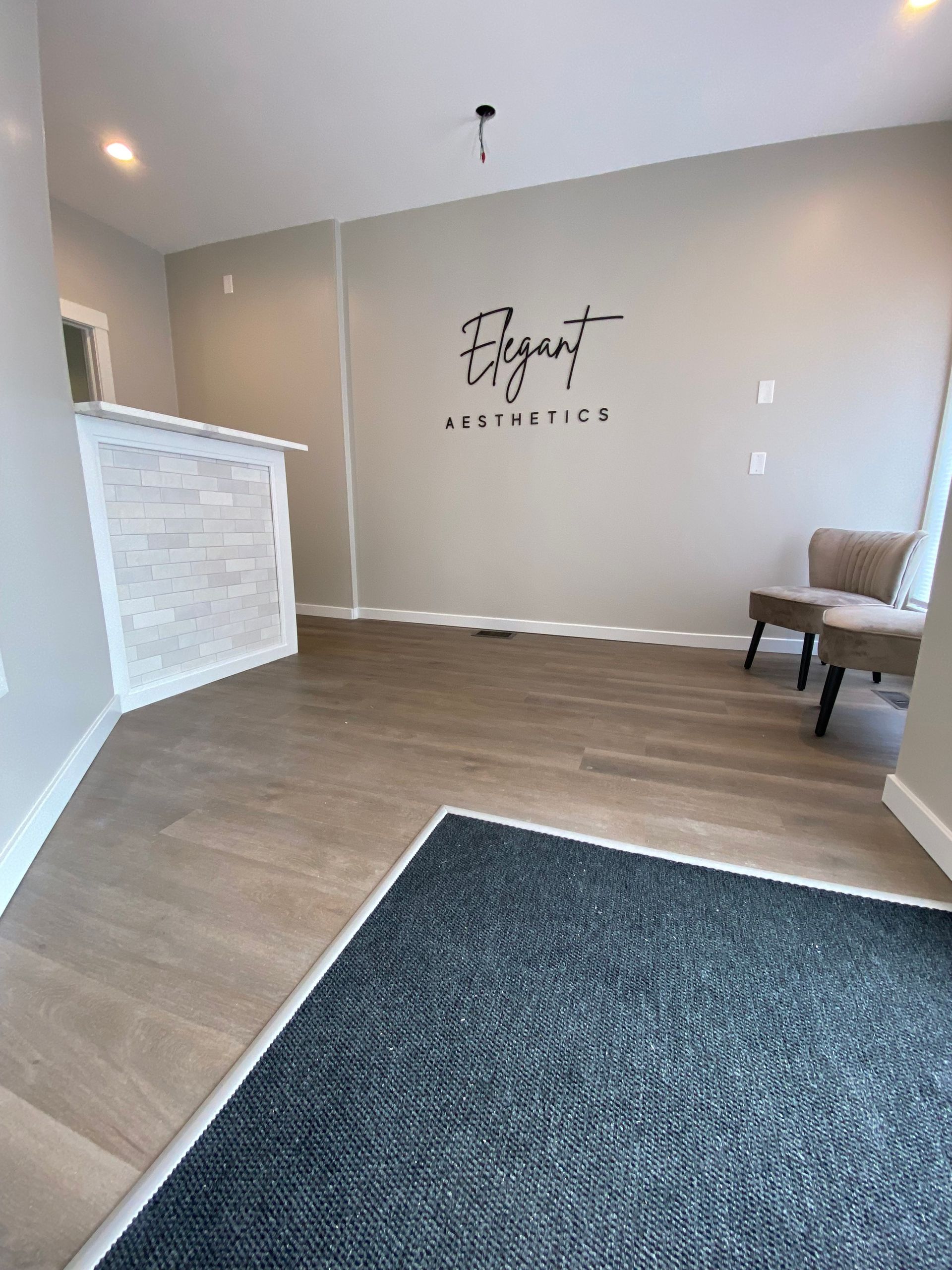 Reception area with reception desk, chairs, rug, and 