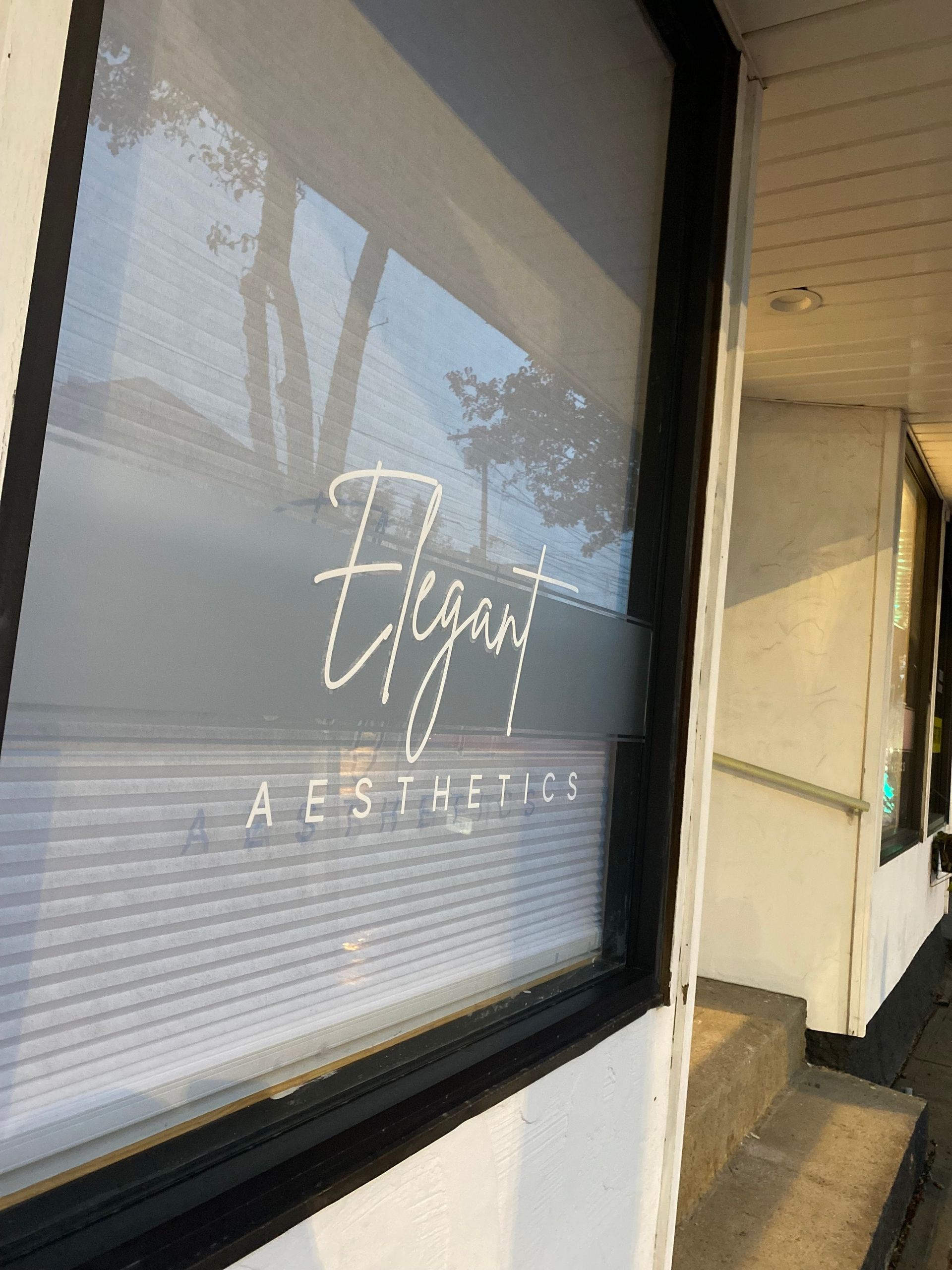 Elegant Aesthetics business storefront window. White script text on a frosted window, street view.