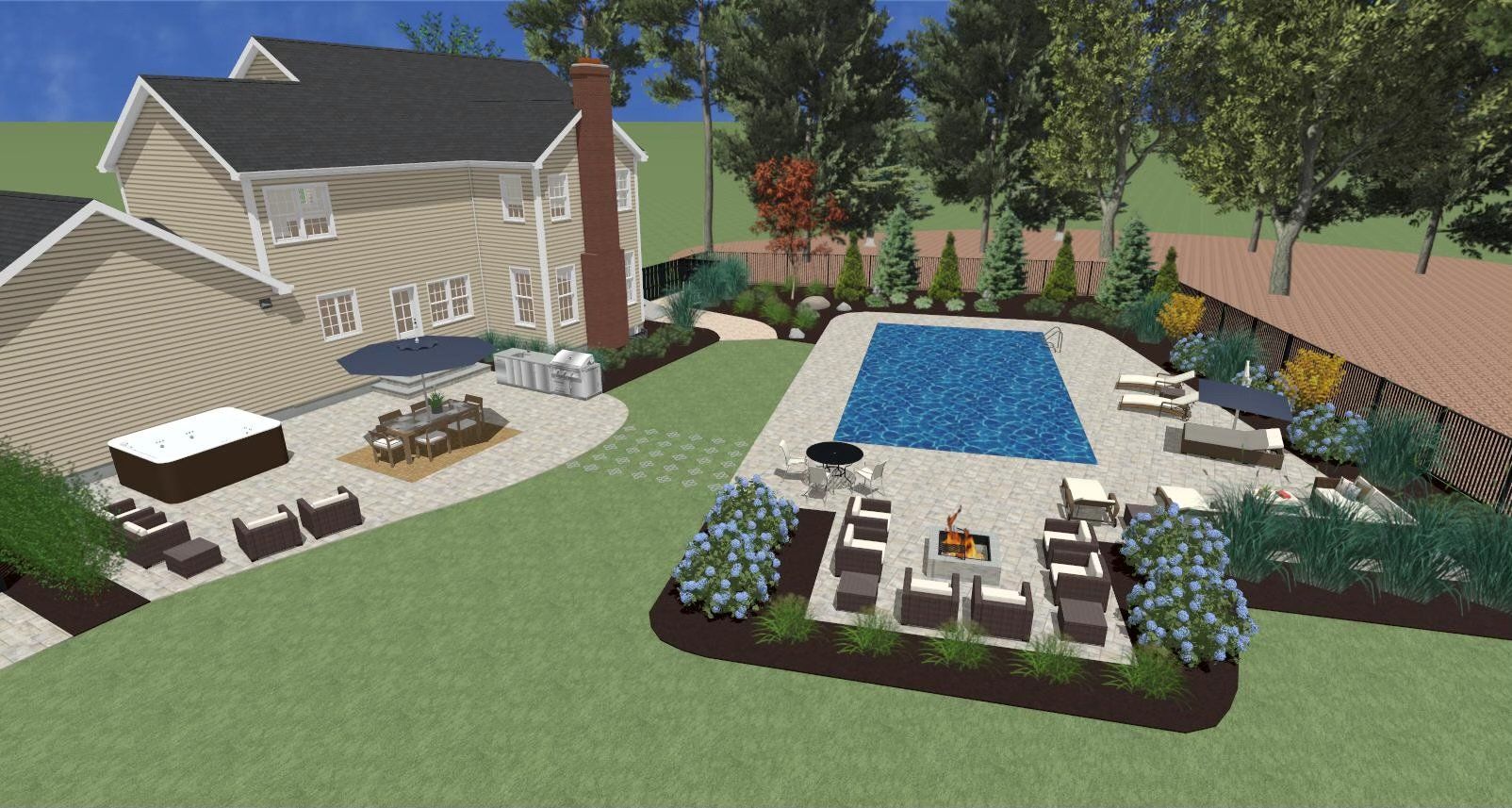 Backyard landscape rendering with a house, pool, patio, and landscaping.