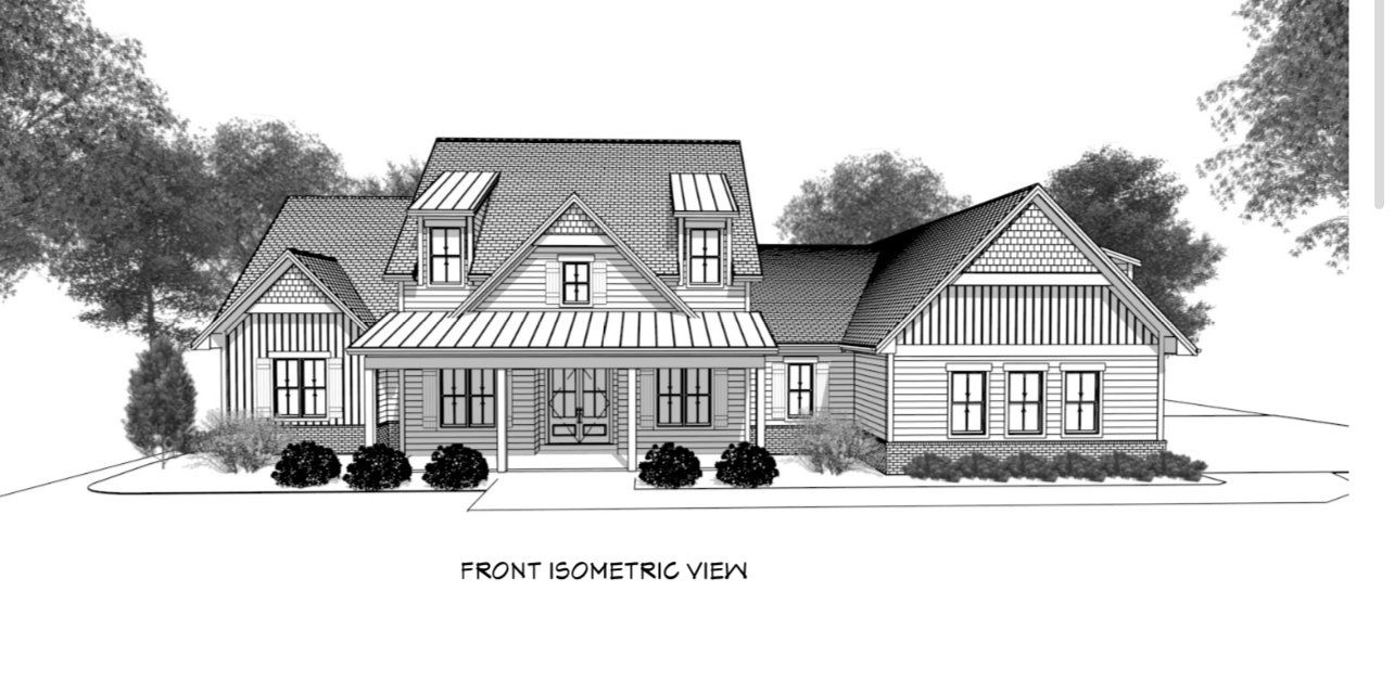 Front perspective of a two-story house with a wraparound porch, featuring a farmhouse style and landscaped yard.
