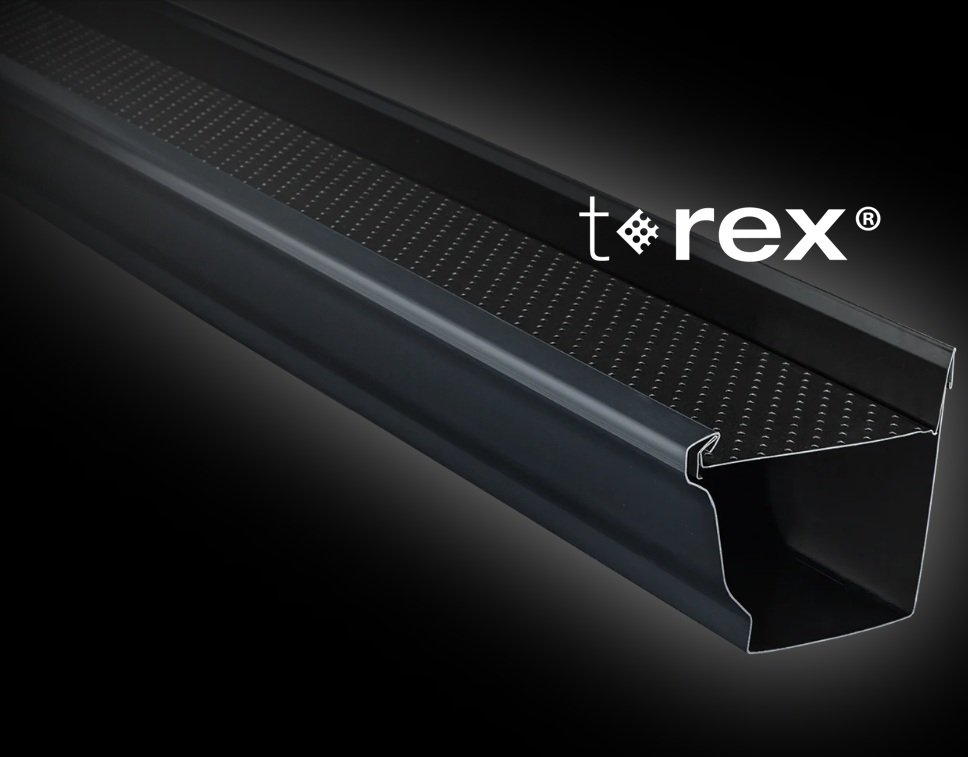 Black textured metal gutter channel with T-rex logo on a dark background