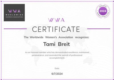 A certificate from the worldwide women 's association recognizes Tami Breit.