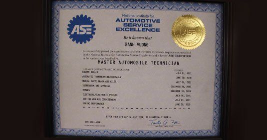 ASE Automotive Service Excellence award to Ben's Auto Repair