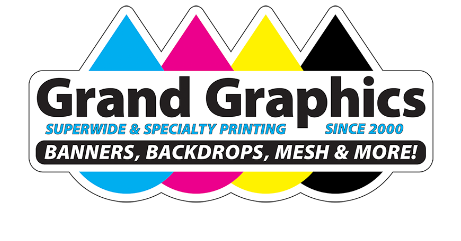 Grand Graphics logo with colorful peaks and text: &ldquo;Superwide & Specialty Printing Since 2000&rdquo; and &ldquo;Banners, Backdrops, Mesh & More!&rdquo;