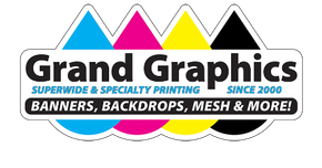 Grand Graphics logo with colorful peaks and text: &ldquo;Superwide & Specialty Printing Since 2000&rdquo; and &ldquo;Banners, Backdrops, Mesh & More!&rdquo;
