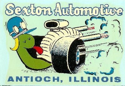 Vintage logo for Sexton Automotive in Antioch, Illinois, featuring a cartoon green worm in a helmet driving a hot rod.