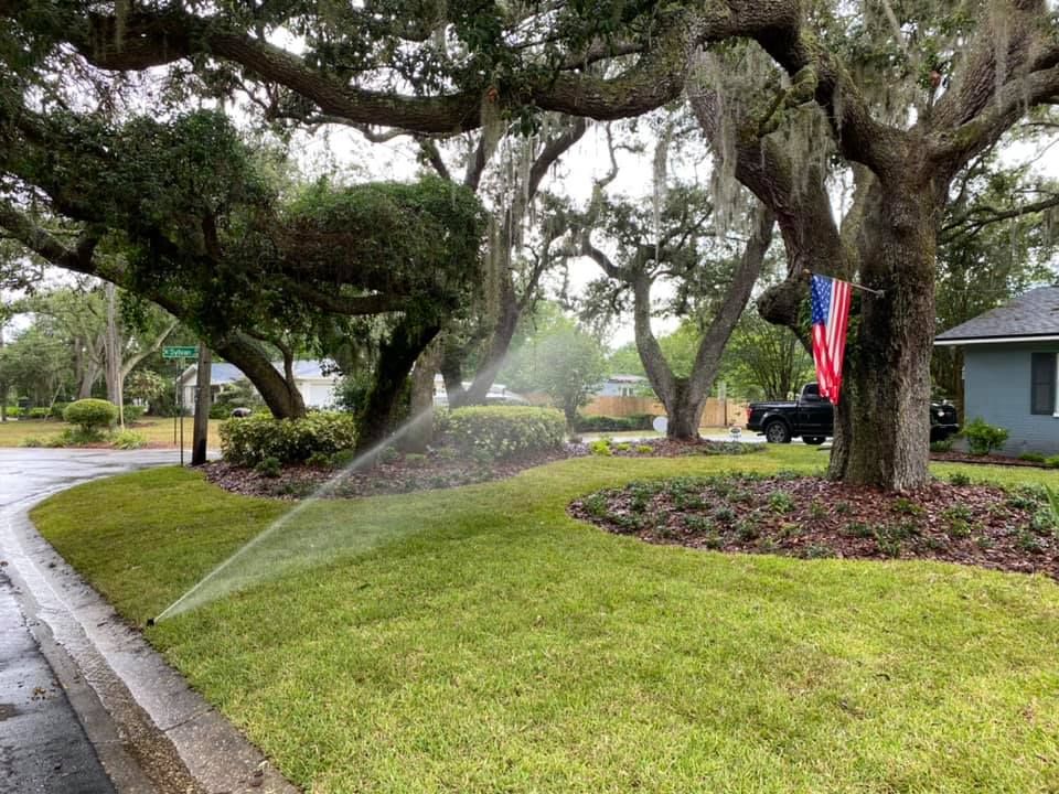 A lawn sprinkler is spraying water on a lush green lawn.