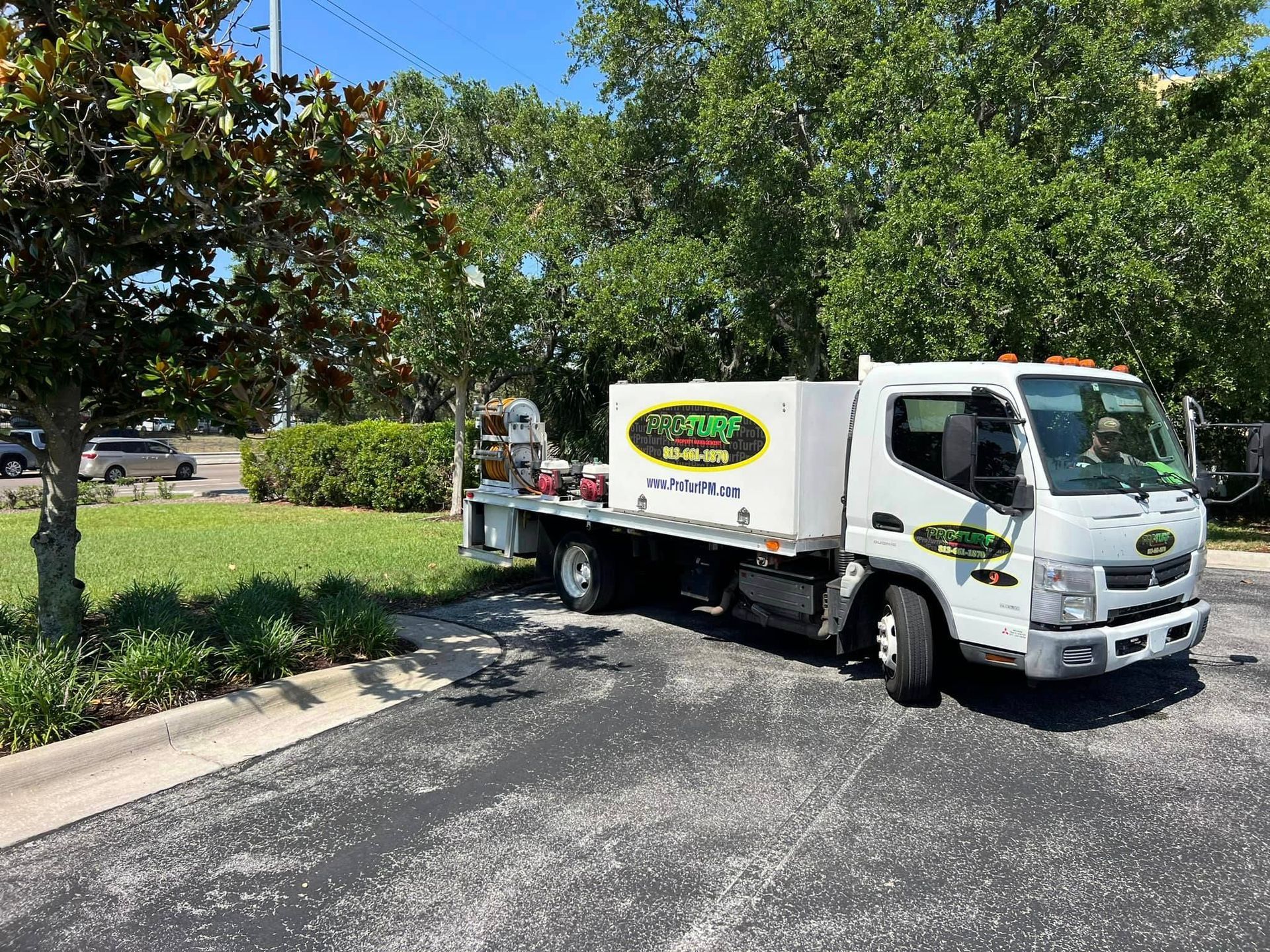 A white truck is parked in a parking lot next to a tree.