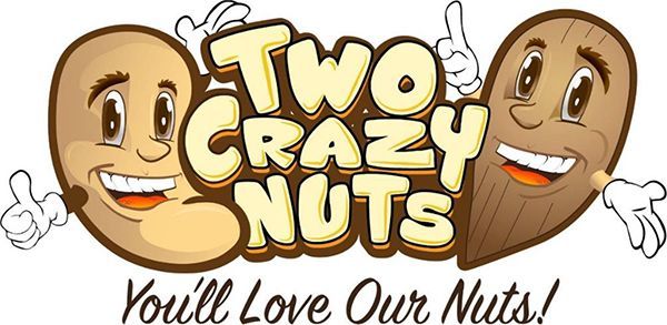 Logo of two cartoon nuts with smiling faces and text Two Crazy Nuts, You'll Love Our Nuts!.