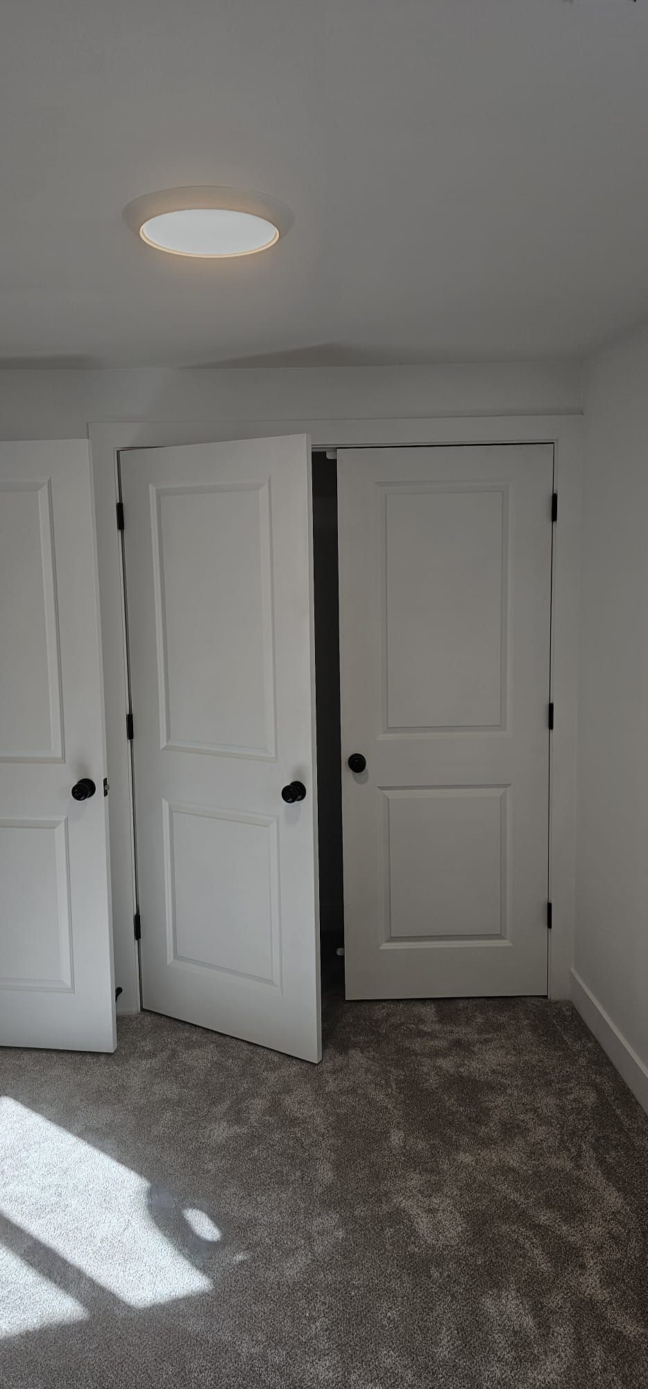 An empty room with white doors and a ceiling light.