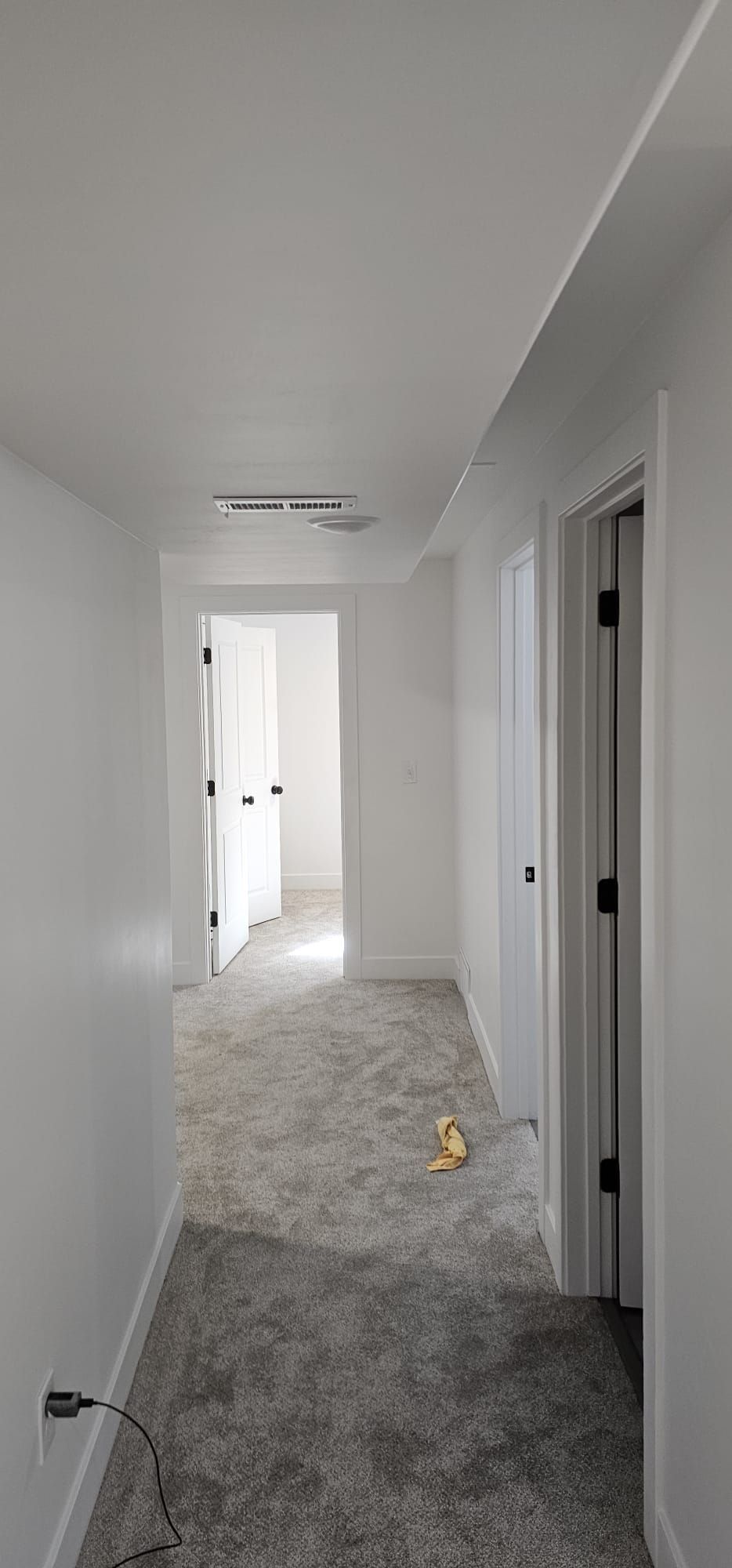 A long hallway with a carpeted floor and white walls in a house.