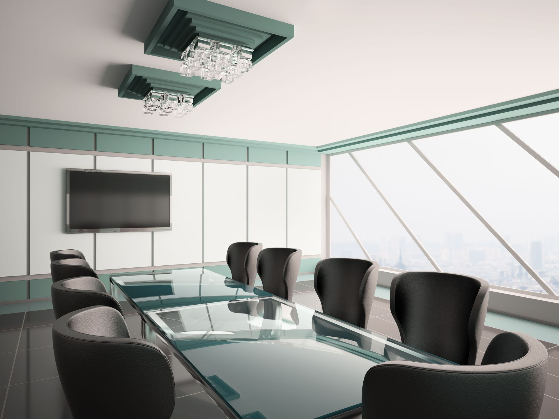 Modern conference room with glass table, black chairs, wall screen, and large windows.